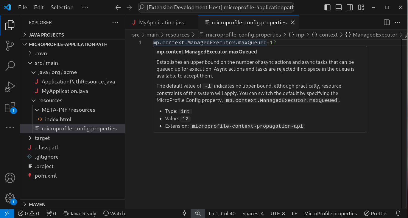 A demonstration of hover documentation for a MicroProfile property in a microprofile-config.properties file