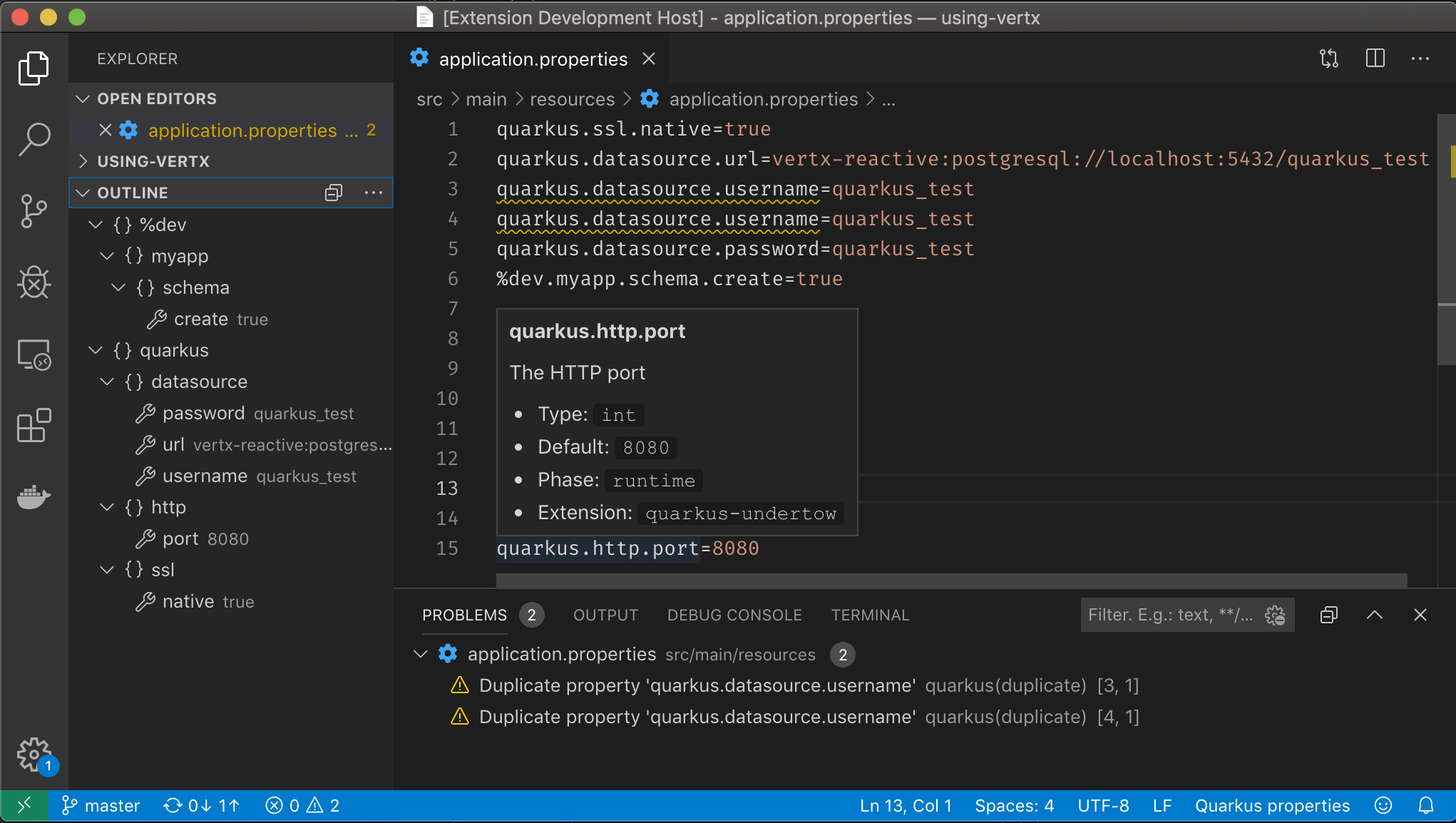 Demonstration of vscode-quarkus providing hover documentation for a property in an application.properties file